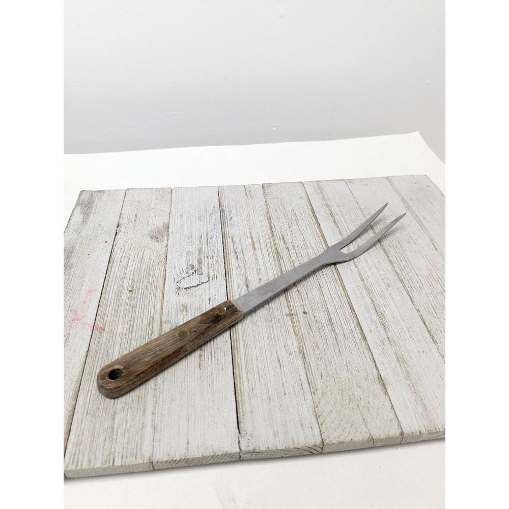 Robinson Knife Stainless Steel Meat Fork 2 Prong 12" Wood Handle Vintage